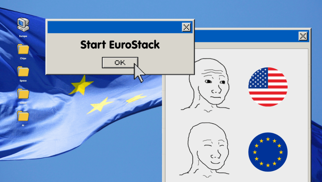 Start EuroStack meme: Windows 98 dialog over EU flag contrasting US and EU stacks